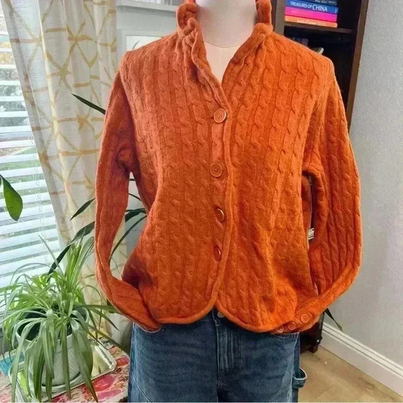 Talbots Cardigan Orange Merino Wool Cable Pattern Sweater Petite Medium - Picture 1 of 15